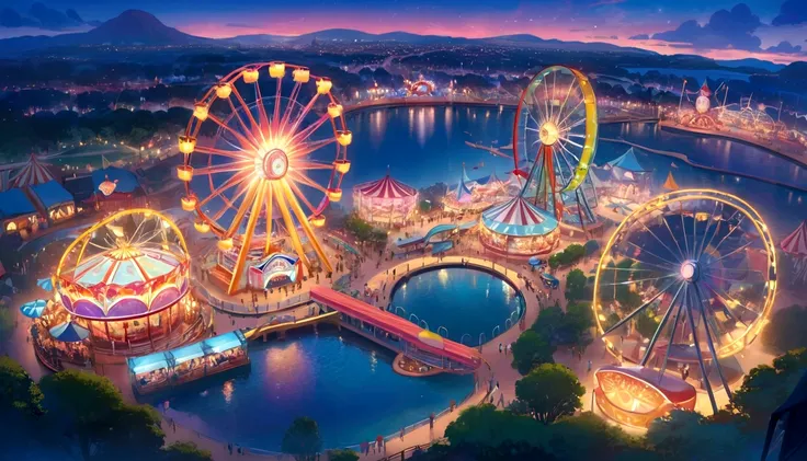 a rendering of a carnival park with a ferris wheel and rides, !dream concept art, concept art magical highlight, metaverse conce...