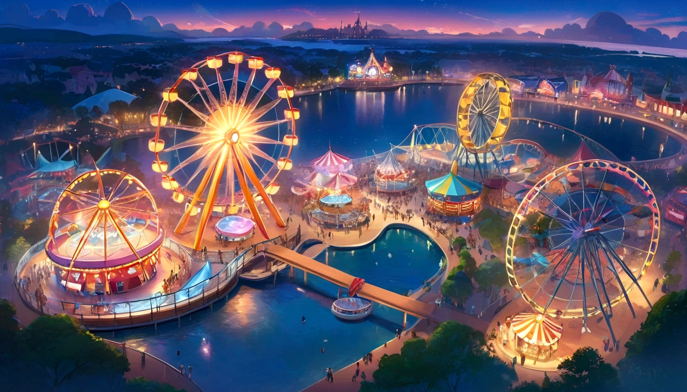 a rendering of a carnival park with a ferris wheel and rides, !dream concept art, concept art magical highlight, metaverse concept art, anime scenery concept art, disney concept art, beautiful concept art, concept art stunning atmosphere, concept art 2022, photo from 2022, pixar rendering, disney render, colorful concept art, background artwork