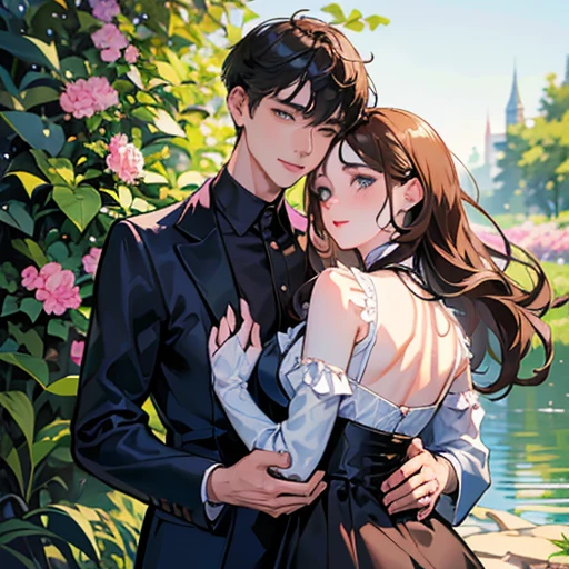 (Masterpiece: 1,2), (photorealistic: 1,2), (best quality), ((realistic: 1.3)), (intricate details)
((A HETERO COUPLE)) hugging, the boy has his head resting in her breasts, and the girl holds the boy’s shoulder. the boy has a young appearance, with ((HIS BLACK shoulder-length hair)), bangs between his eyes, pale skin like a milk, and light blue eyes that seem to reflect the shadows around him. He has a calm but serious expression. He is wearing a blue shirt and a black pants. The boy's body is tall, tall and thin.
the girl has a young and cute appearance, a gentle smile and a cheerful expression, pale pink skin, freckles on the skin, ((long and wavy brown hair)), bangs on the forehead, green eyes, large eyelashes, pink lips, pink cheeks, a dress, cute earrings, hair clip. the girl's body is small, cute and feminine. the scenery is a flowery garden, the sunlight reflects on them. both of them are smiling and blushing.