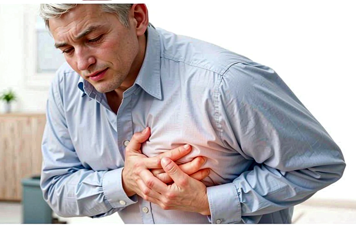 Middle-aged or elderly Thomas shelby, with gray hair, wearing a light blue dress shirt. He has an expression of pain or discomfort, with his forehead frowned and his eyes half closed. The man is holding the left side of his chest with both hands, suggesting that he is experiencing intense pain in this area. There is a highlighted area with a reddish color on the chest, possibly added digitally, to emphasize the site of pain. The background of the image is blurred, indicating that the focus is on the man and his condition of suffering, possibly a visual representation of a heart attack or angina.