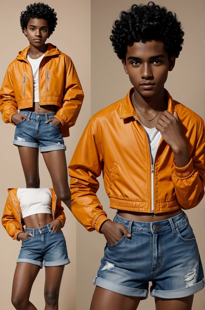 A gay dark-skin boy with short black hair and orange eyes.He wears a jacket and a crop top and jean shorts.He has feminine facial features and figure.