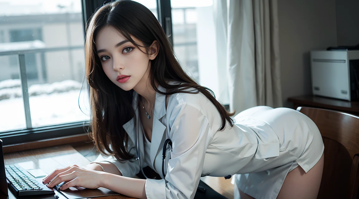 Beautiful female doctor in white coat, stethoscope around neck, full body, hospital examination white room, sitting cross-legged on office chair, thighs peeking out from white coat, black stockings, computer and keyboard on desk, (Excellent photograph, Best picture quality, High resolution: 1. 4), detail, extreme color, (Beautiful face) Ambient Soft Lighting, 4K, Bokeh, Background Blur, Depth of Field, Bokeh, Free Viewpoint, Photography, Attractive Young Woman, (Beautiful Face: 1.1), Narrow Eyes, Luscious Lips, (Smoky Eye Makeup: 0.85), (Moody Lighting: 1.2), Depth of Field, Bokeh, 4K, HDR.