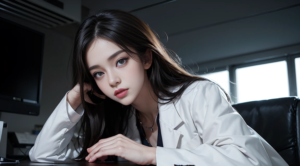 Beautiful female doctor in white coat, stethoscope around neck, full body, hospital examination white room, sitting cross-legged on office chair, thighs peeking out from white coat, black stockings, computer and keyboard on desk, (Excellent photograph, Best picture quality, High resolution: 1. 4), detail, extreme color, (Beautiful face) Ambient Soft Lighting, 4K, Bokeh, Background Blur, Depth of Field, Bokeh, Free Viewpoint, Photography, Attractive Young Woman, (Beautiful Face: 1.1), Narrow Eyes, Luscious Lips, (Smoky Eye Makeup: 0.85), (Moody Lighting: 1.2), Depth of Field, Bokeh, 4K, HDR.