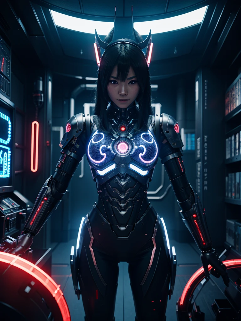 a cyborg zenetsu from demon slayer, detailed futuristic headwear, hyper detailed futuristic lab setting, cinematic lighting, dramatic pose, intricate mechanical details, neon lights, glowing energy effects, 8k, detailed rendering, photorealistic, digital art, concept art