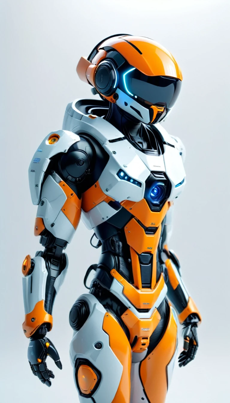 A cute, -sized A.I robot wearing a helmet with blindfolds, in a pose inviting someone in, body position facing the camera, A.I colors orange and black, full body view, plain white background, realistic, futuristic, 8K