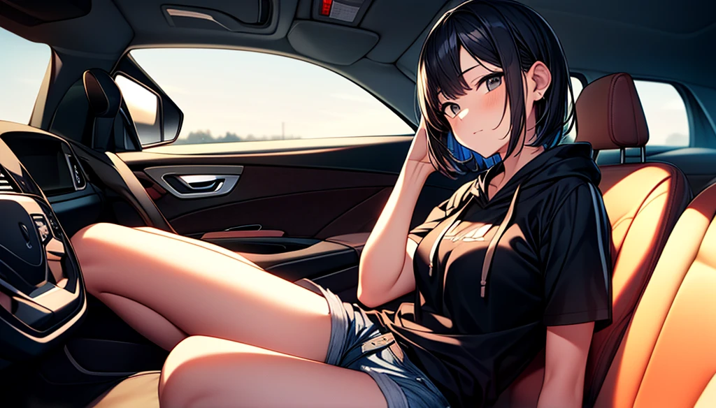 masterpiece, best quality, high quality, detailed, ultra detailed, hyper detailed, insanely detailed, exquisite, beautiful, FHD, Full-HD, 4K, 8K, 16K, highres, absurdres, background, 1girl, intelligent, serious look, sitting, bob, short hair, black hair, black eyes, pale skin, , shorts, hoodie, in the car, with a window, in the evening, beautiful, cowboy shot, golden hour,