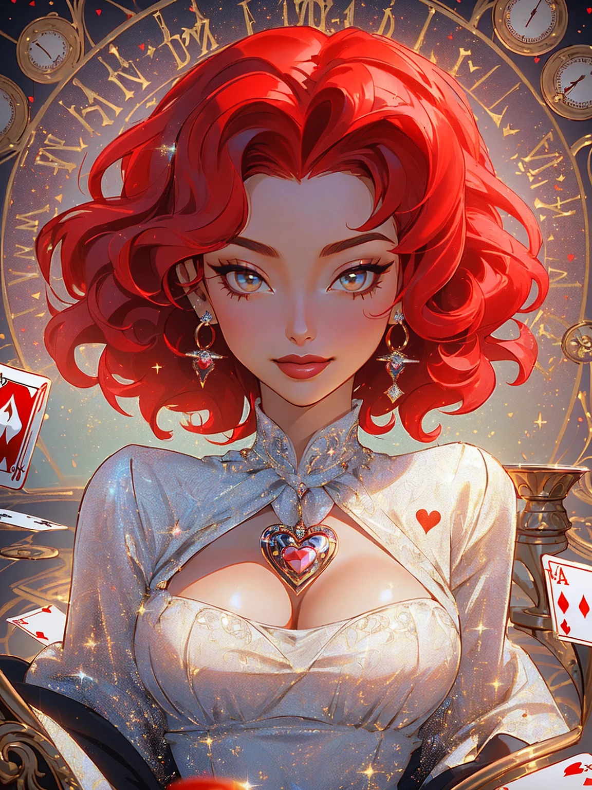 {-erro_de_anatomia:1.0} masterpiece, highest quality, (perfect face:1.1, (high detail)1.1, Em um luxuoso cassino, A stunning woman wears an exquisite dress adorned with heart symbols, embodying the royal presence of the Queen of Hearts. Surrounded by a backdrop of poker cards and chips, She exudes confidence and seduction, convidando os jogadores a testar sua sorte e habilidades no jogo de azar. short curly hair, cabelos vermelhos (red hair ) (queen of hearts), sorrindo, sorriso largo, upper body