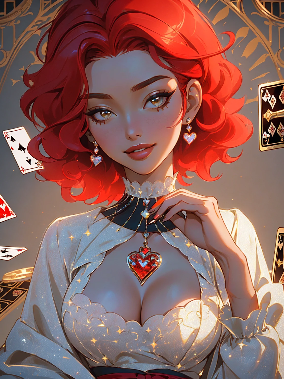 {-erro_de_anatomia:1.0} masterpiece, highest quality, (perfect face:1.1, (high detail)1.1, Em um luxuoso cassino, A stunning woman wears an exquisite dress adorned with heart symbols, embodying the royal presence of the Queen of Hearts. Surrounded by a backdrop of poker cards and chips, She exudes confidence and seduction, convidando os jogadores a testar sua sorte e habilidades no jogo de azar. short curly hair, cabelos vermelhos (red hair ) (queen of hearts), sorrindo, sorriso largo, upper body