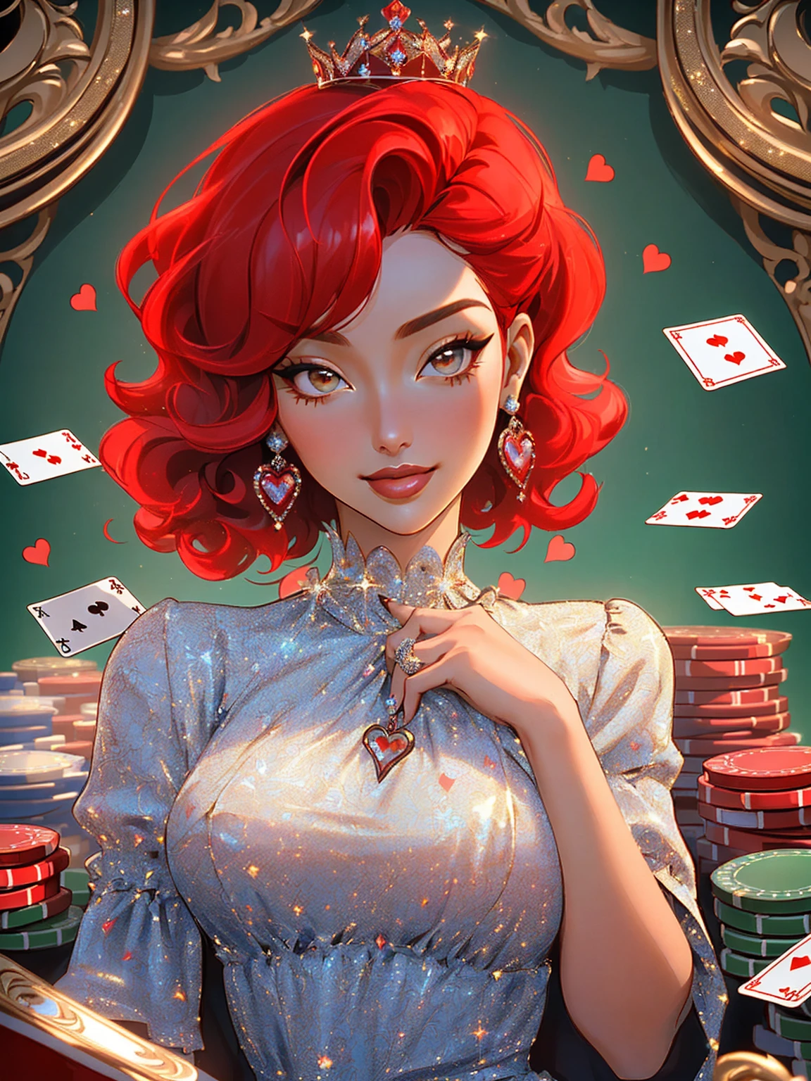 {-erro_de_anatomia:1.0} masterpiece, highest quality, (perfect face:1.1, (high detail)1.1, Em um luxuoso cassino, A stunning woman wears an exquisite dress adorned with heart symbols, embodying the royal presence of the Queen of Hearts. Surrounded by a backdrop of poker cards and chips, She exudes confidence and seduction, convidando os jogadores a testar sua sorte e habilidades no jogo de azar. short curly hair, cabelos vermelhos (red hair ) (queen of hearts), sorrindo, sorriso largo, upper body