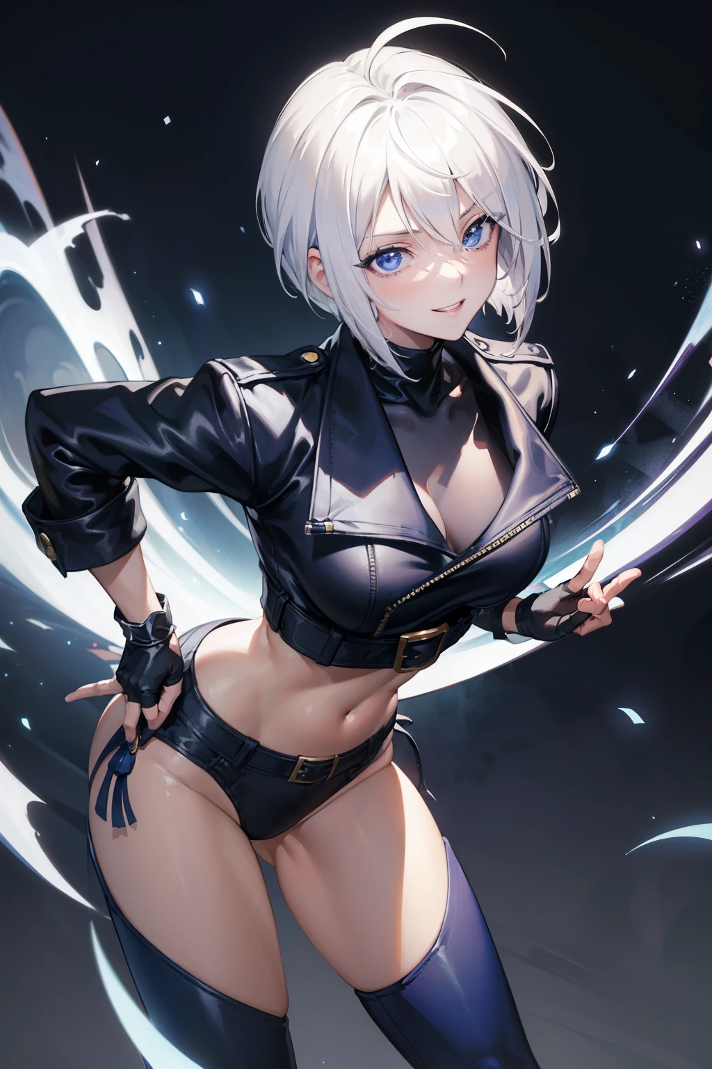 (masterpiece), best quality, expressive eyes, perfect face, highres, 1girl, solo, angelms, white hair, jacket, ahoge, fingerless gloves, midriff, hands to hips, leaning forward, smiling, fanstasy background, particles, magic, standing,cowboy shot, looking at the viewer, from front