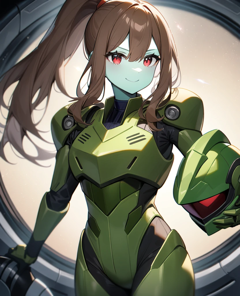 1girl, Makoto Kino,solo,red eyes,((BROWN hair:1.5)),green power armor,ponytail,((pale green skin)),green chest armor,cowboy shot,in space ship,zero gravity,Science fiction,ultra-detailed,sharp focus,aesthetic,(best quality) smiling, holding helmet, holding halberd 