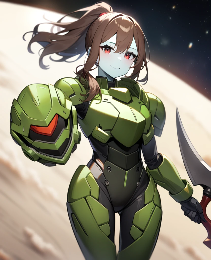 1girl, Makoto Kino,solo,red eyes,((BROWN hair:1.5)),green power armor,ponytail,((pale green skin)),green chest armor,cowboy shot,in space ship,zero gravity,Science fiction,ultra-detailed,sharp focus,aesthetic,(best quality) smiling, holding helmet, holding halberd 