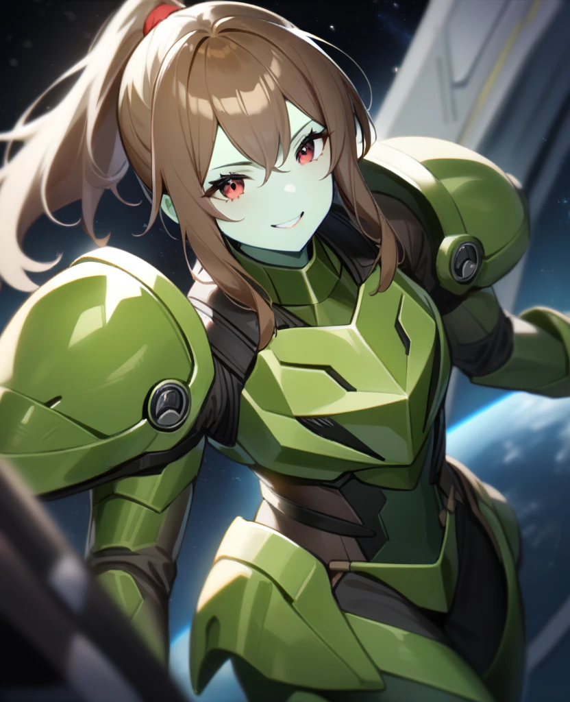 1girl, Makoto Kino,solo,red eyes,((BROWN hair:1.5)),green power armor,ponytail,((pale green skin)),green chest armor,cowboy shot,in space ship,zero gravity,Science fiction,ultra-detailed,sharp focus,aesthetic,(best quality) smiling, holding helmet, holding halberd 