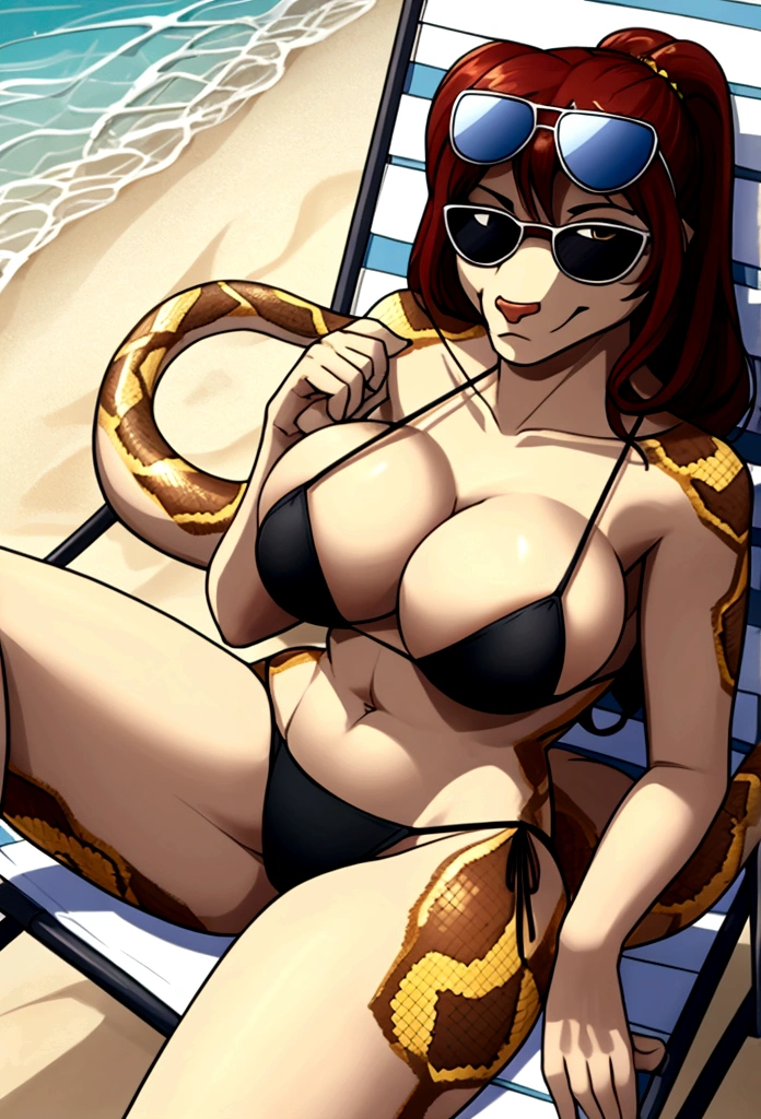 milf, anthro snake girl, 1 girl, in bikini, wearing sunglasses, at the beach, sitting on lawn chair,