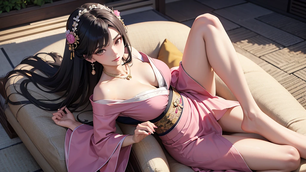 (Look away)With a camera angle looking down from above。A beautiful woman relaxing in a reclining chair with her legs stretched out、Look away巨乳で狐耳の一人の美女。A shiny kimono with a pink corset, off-the-shoulder sleeves and a skirt。hair ornaments、Earrings、necklace。UHD, anatomically correct, masterpiece, accurate, super detail, high details, high quality, best quality, highres, 16k