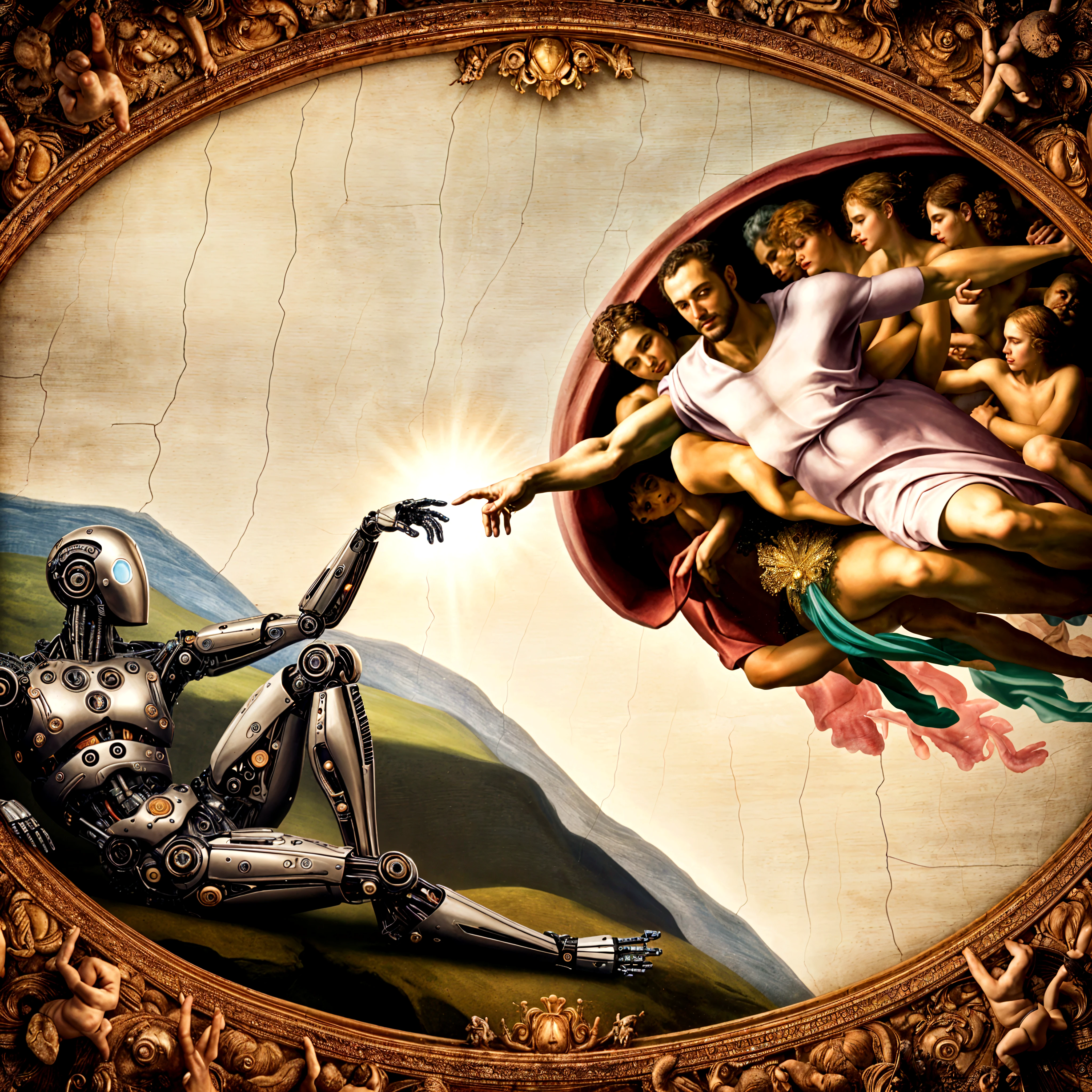 photograph of the sistine chapel ceiling, painting, with an AI hand replacing the human one