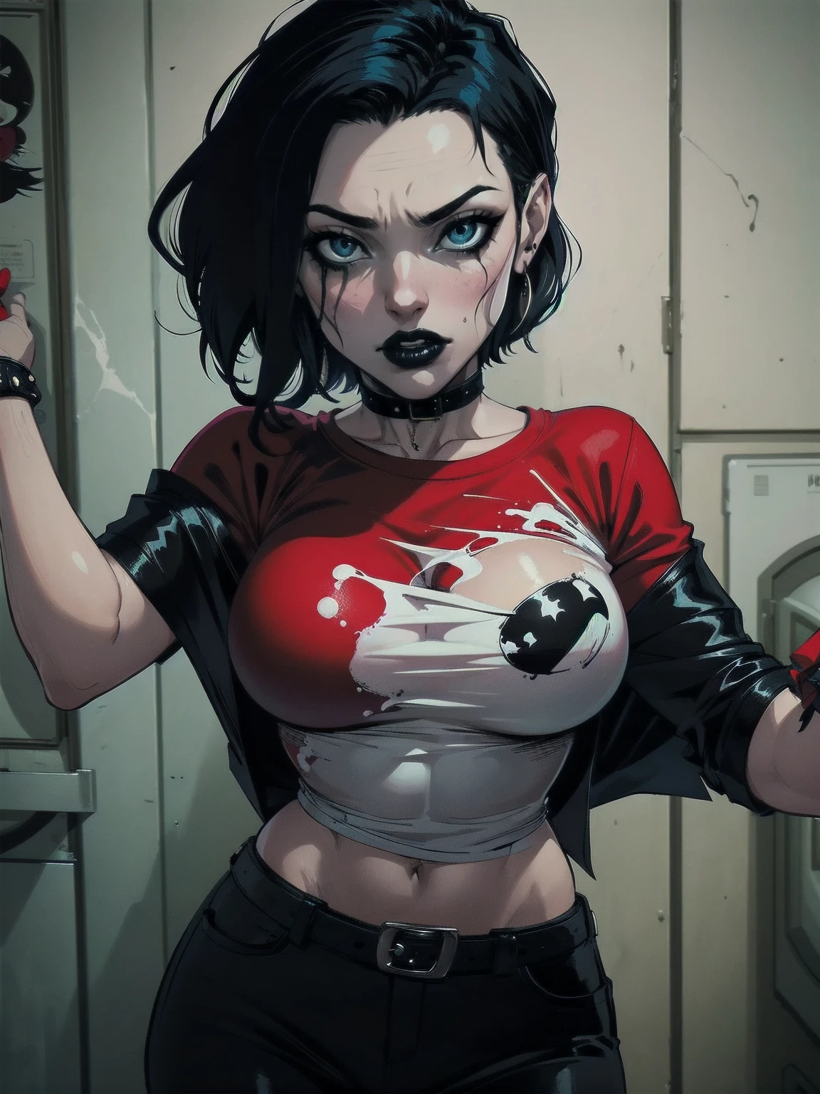 a woman with short black hair, hair on shoulders,  wearing a red tshirt, black pant, black jacket,  blue eyes, zombie art, gothic art, cute aesthetic with vibe, toon aesthetic, wearing red costume, wearing gothic accessories, look like Cassie Hack, upper body, laundry background