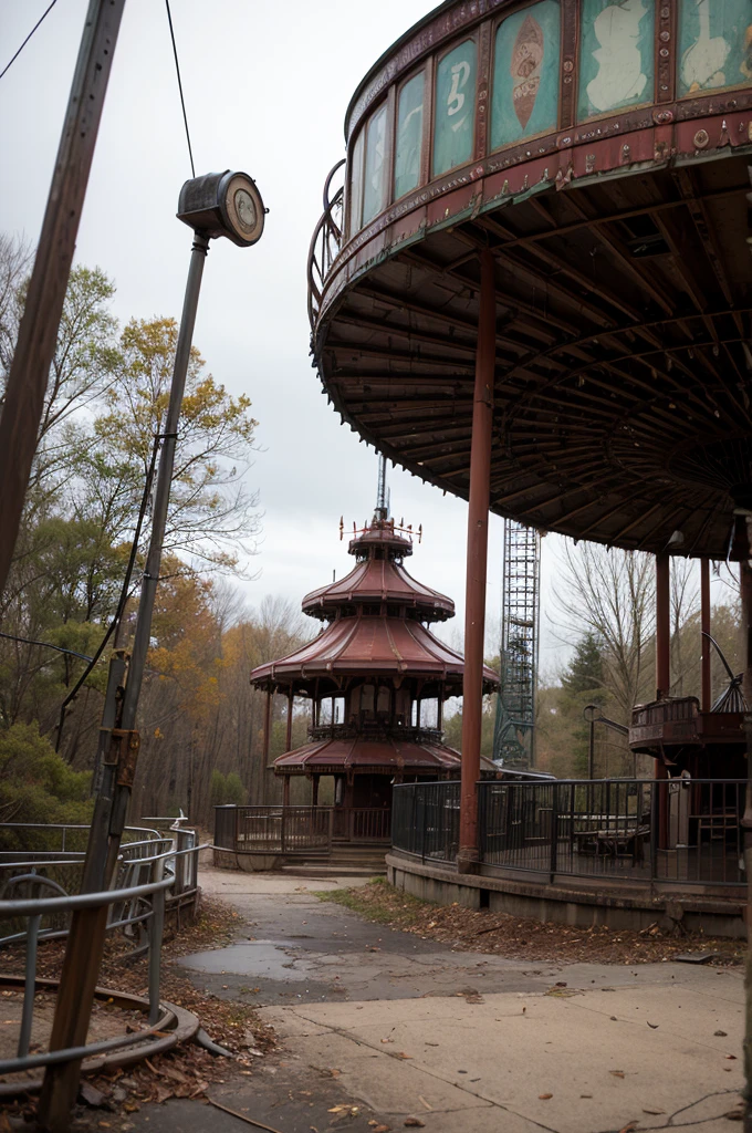 An abandoned amusement park reclaimed by nature, with rusted roller coasters and a carousel frozen in time.
blurry