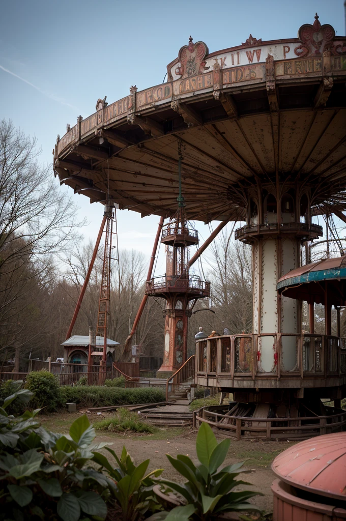 An abandoned amusement park reclaimed by nature, with rusted roller coasters and a carousel frozen in time.
blurry
