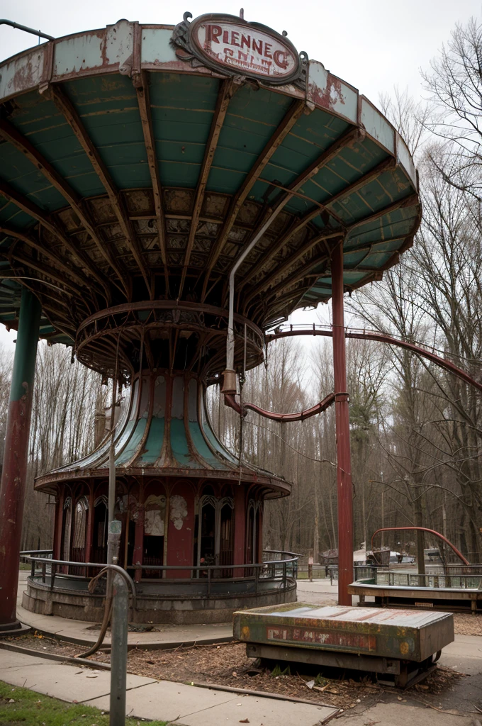 An abandoned amusement park reclaimed by nature, with rusted roller coasters and a carousel frozen in time.
blurry