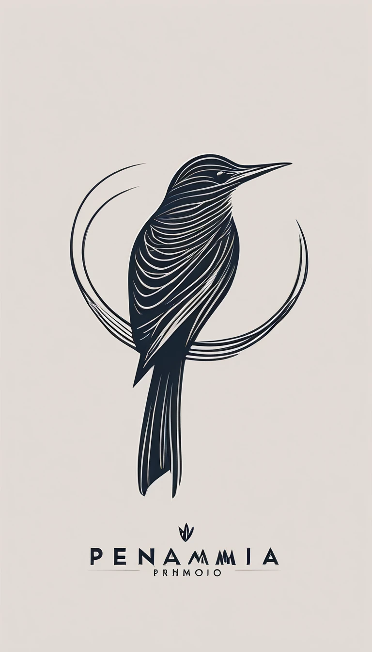 A minimal, modern, simple, cinematic logo design for the brand “Penamemoria". Create a modern, minimalistic, high-quality, logo of a bird with special and thin threads as tail and a boy guitarist
