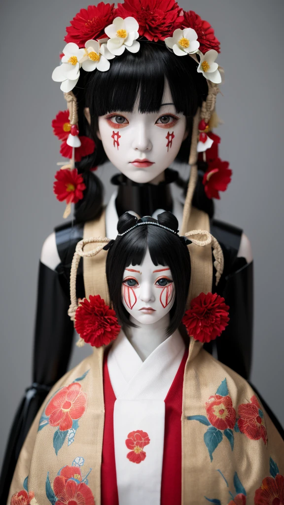 There is a doll with a skeleton face and a red flower head., Porcelain Japanese Mannequin, hone onna skeleton geisha, eiko ishioka, Chie Yoshii, Inspired by Sukenori Nishikawa, Detailed Images, The sharp gaze of the Yuki-onna, Porcelain-like skin. Studio Ghibli, Inspired by Takeha Ohtake