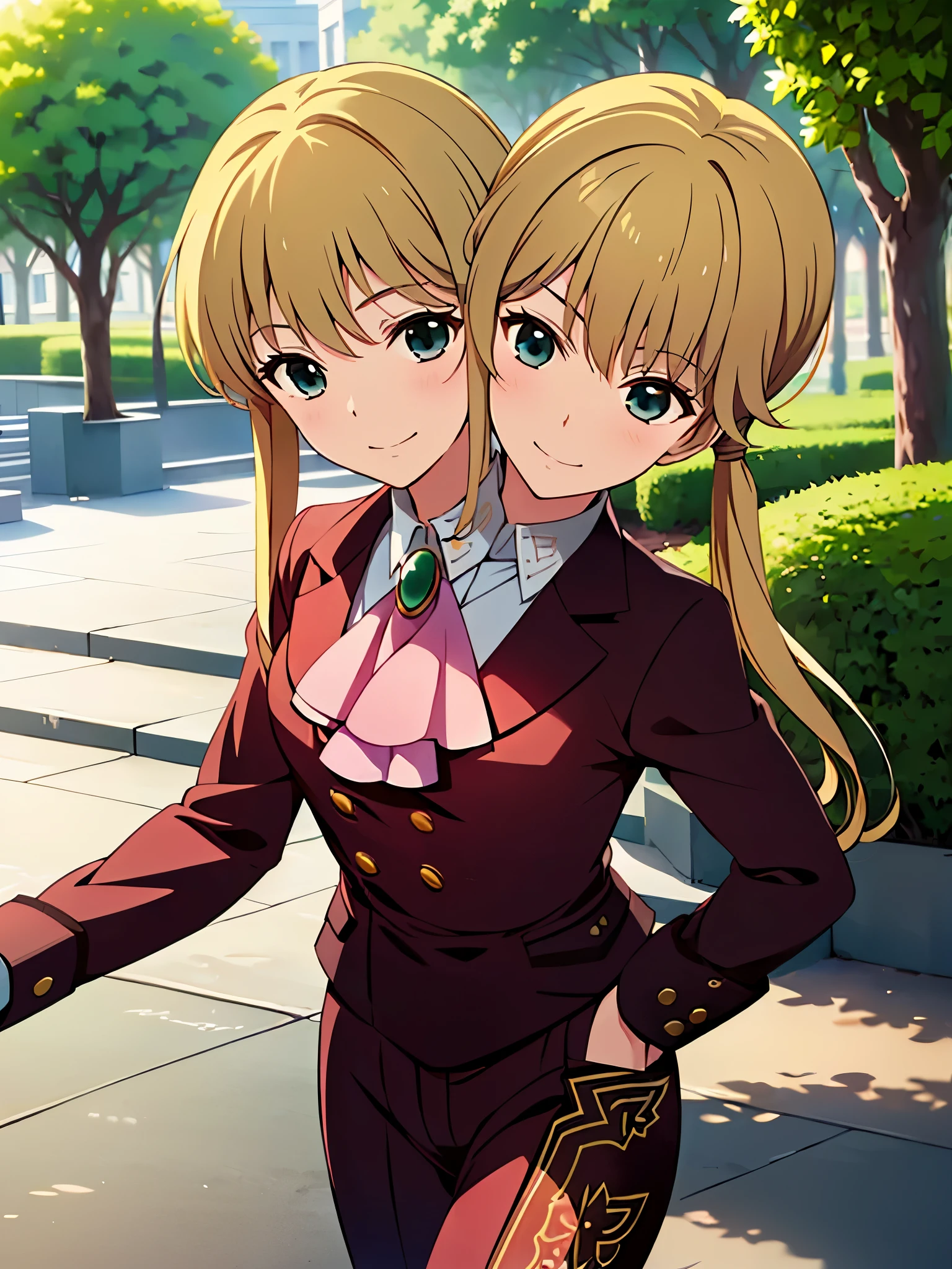(2heads:1.6), (masterpiece, best quality:1.2), cowboy shot, solo, male focus, 1boy, (ushiromiya lion:1.1), androgynous, smile, closed mouth, looking at viewer, arms at side, ponytail, formal, suit, ascot, light blonde hair, walking through park