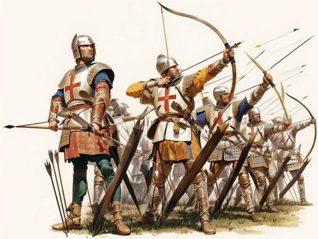 a painting of a group of men in armor with arrows, archers, battle of 1453, very detailed medieval, 1 5 th century spanish soldier, by Emiliano Di Cavalcanti, longbow, medieval period, early middle ages, medieval battle, knights in battle, historical artistic depiction, by Bernard Fleetwood-Walker, early medieval, by Thomas Tudor, UHD, retina, masterpiece, anatomically correct, textured skin, super detail, 8k