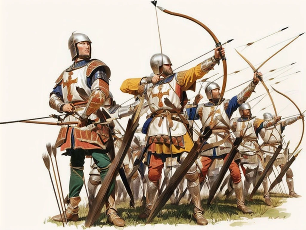 a painting of a group of men in armor with arrows, archers, battle of 1453, very detailed medieval, 1 5 th century spanish soldier, by Emiliano Di Cavalcanti, longbow, medieval period, early middle ages, medieval battle, knights in battle, historical artistic depiction, by Bernard Fleetwood-Walker, early medieval, by Thomas Tudor, UHD, retina, masterpiece, anatomically correct, textured skin, super detail, 8k