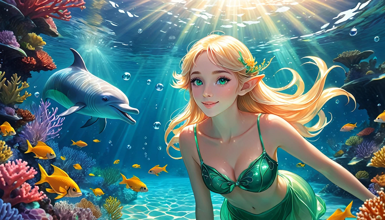 I will create a digital illustration of a beautiful female elf with clear delicate lines and a beautiful face swimming comfortably in crystal clear water. The female elf has blonde hair, beautiful emerald green eyes, a soft smile and is wearing an orange camisole.(Underwater:1.2), ocean, fast water flow, transparent, colorful coral reef, school of tropical fish, light, bubble, jumping pink dolphin, seaweed, (shallow sea:1.2), sunlight, fantasy, ocean floor, floating, best quality, masterpiece, clouds, colorful, blue sky, Create a digital illustration of landscape, scenery, underwater, with clear and delicate lines. Low-fi, the morning sun's light reaching into the water, the scene is cozy and warm with beautiful light. The lighting should be soft and golden like colorful flowers, and the art style should be detailed like fantasy art with accurate depiction of delicate and fine lines. The overall look should be clear and dreamy atmosphere. Focus on a magical and enchanting environment. No land part is required, only underwater. 