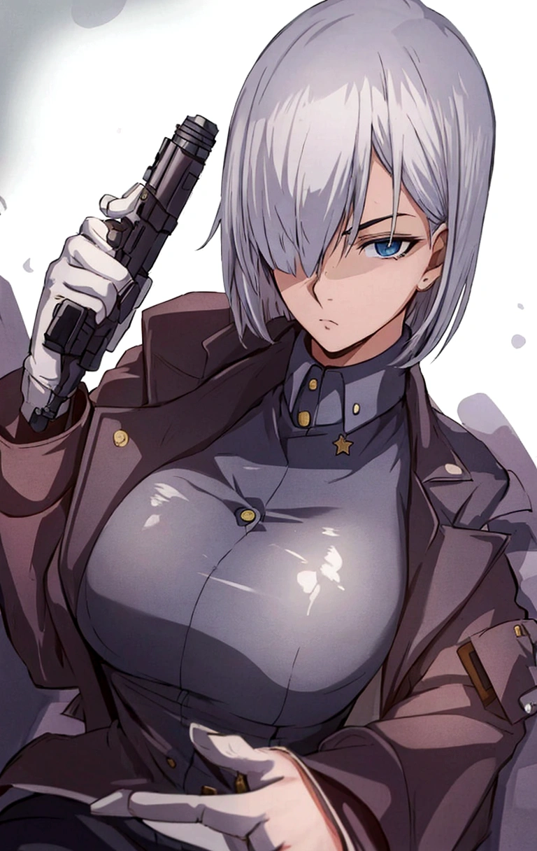 anime girl in uniform holding a gun and pointing it at the camera, officer, policewoman, Trigun Stampede style, short hair, straight hair, Viper | Valorant, Jane | Alchemy Stars, White Shirt, blue blazer, thicc, casual pose, 
a-1 pictures, high quality fanart, portrait n - 9, 