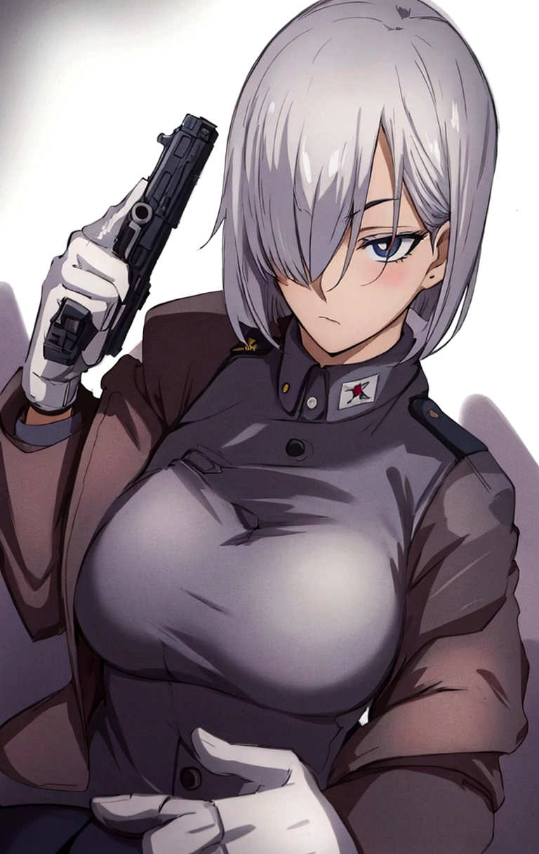 anime girl in uniform holding a gun and pointing it at the camera, officer, policewoman, Trigun Stampede style, short hair, straight hair, Viper | Valorant, Jane | Alchemy Stars, White Shirt, blue blazer, thicc, casual pose, 
a-1 pictures, high quality fanart, portrait n - 9, 