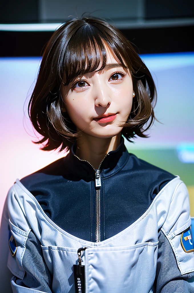 Highest quality、masterpiece、Ultra-high resolution、(Genuine:1.4)、Beautiful woman1、Beautiful details in the eyes and skin、Light brown short hair、A small smile、Full Space Suit、Space Station、Spaceship、Cloudy、SF taste、
