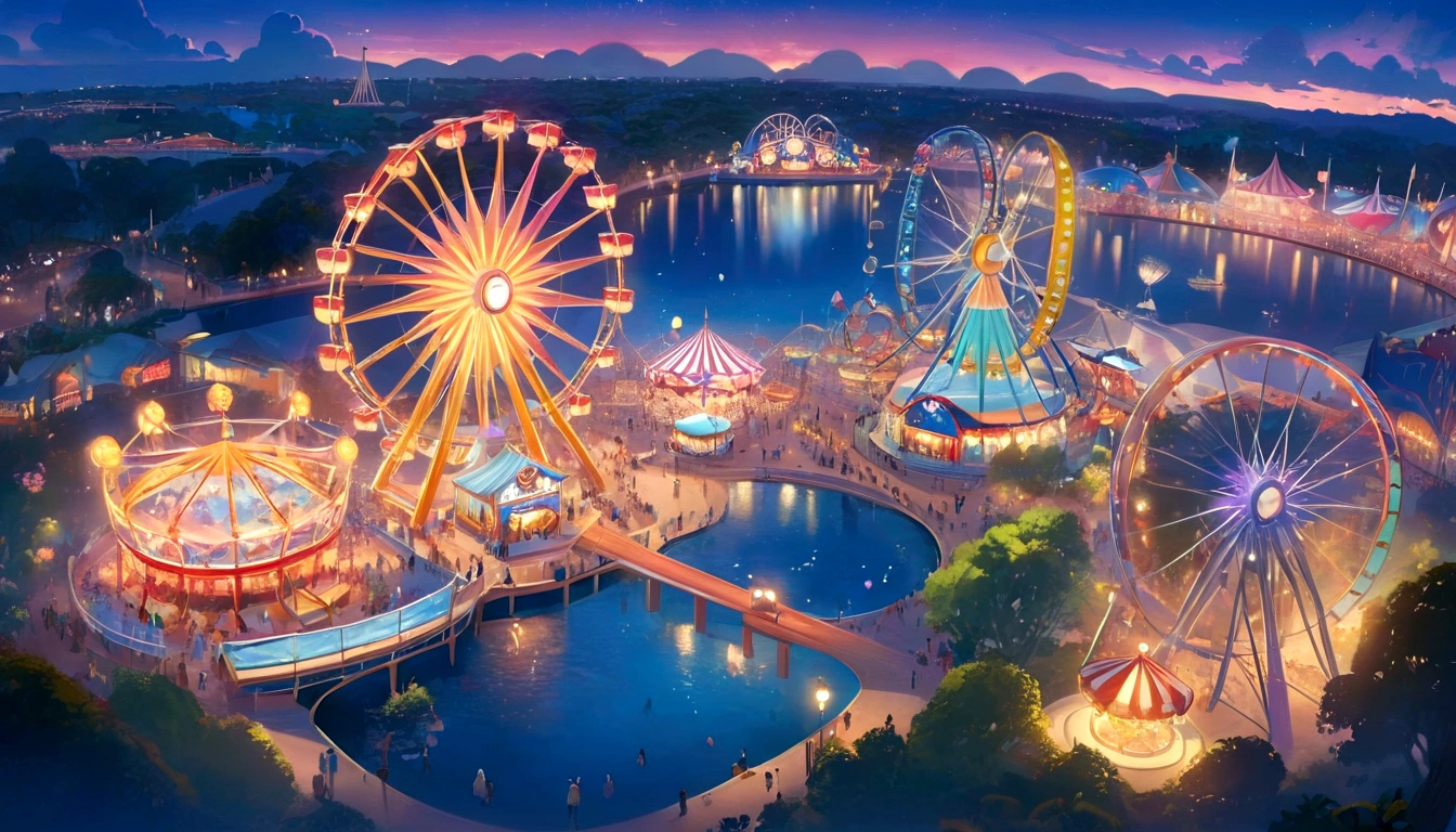 a rendering of a carnival park with a ferris wheel and rides, !dream concept art, concept art magical highlight, metaverse concept art, anime scenery concept art, disney concept art, beautiful concept art, concept art stunning atmosphere, concept art 2022, photo from 2022, pixar rendering, disney render, colorful concept art, background artwork