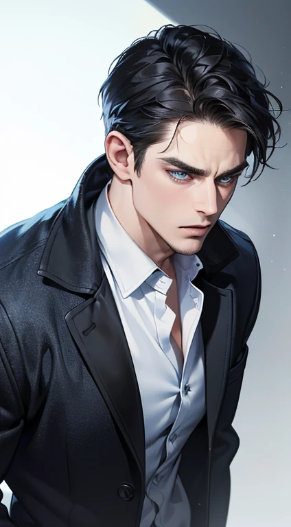 (best quality, masterpiece, 8K, photorealistic, cinematic lighting, 1:4 hdr image, ultra detailed, beautiful image), a mature man, 34 years very handsome, ((cold expression)), short black hair, blue eyes, face perfect without mistakes, ((buttoning his jacket, CEO))