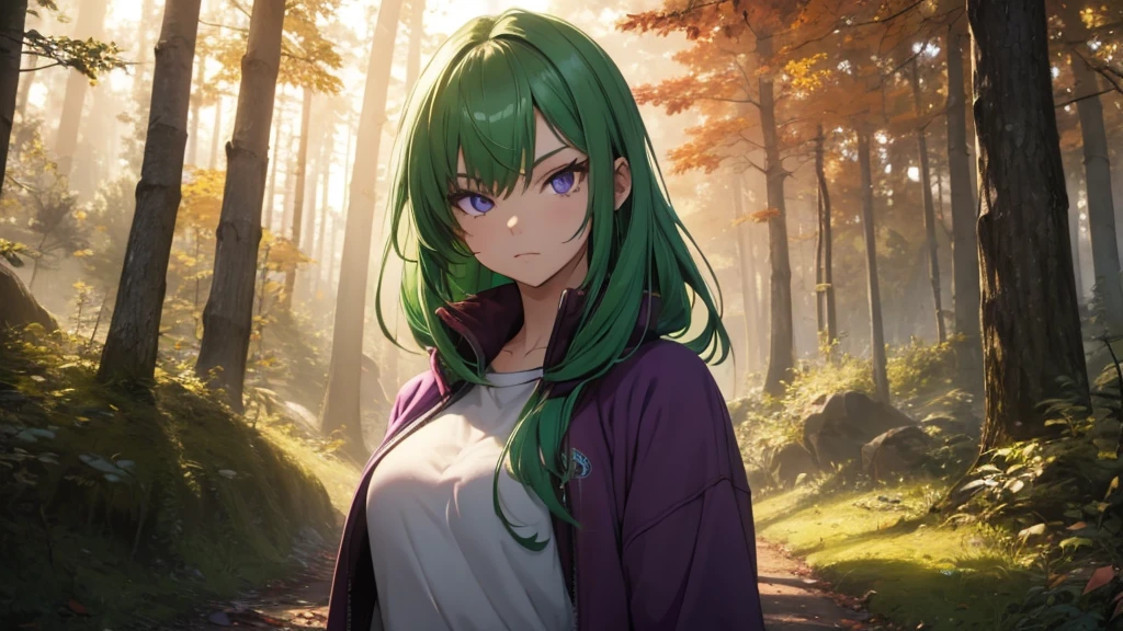 green-haired girl with violet sweatshirt in an autumn forest, perfect eyes, cinematic lighting, work of art, ultra definition, half-body focus, pose on a corner of the image