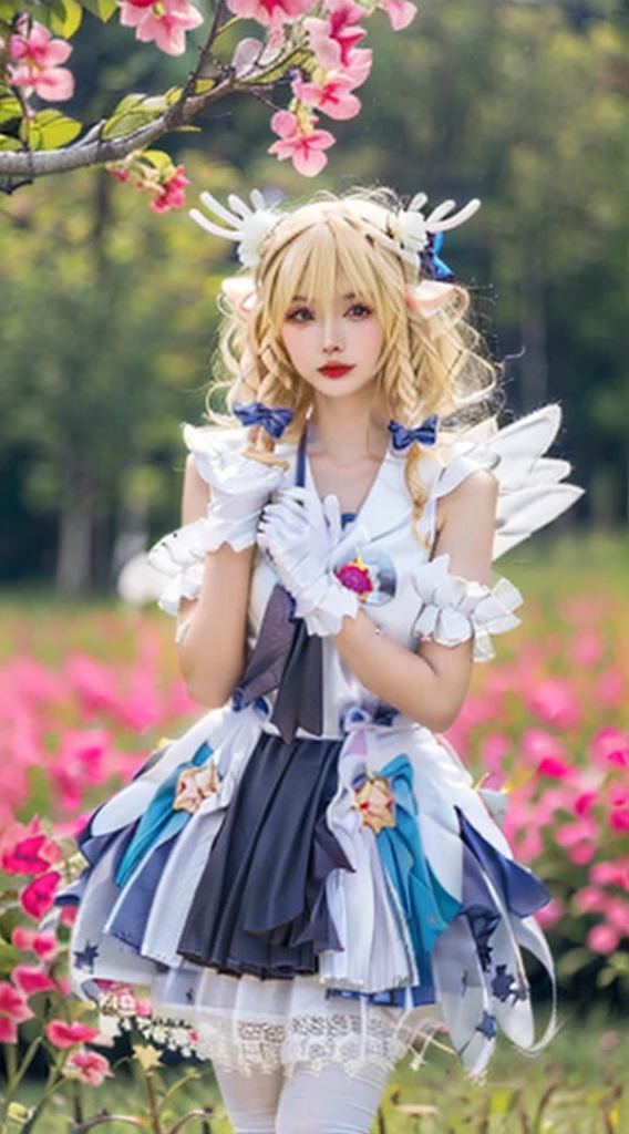 (best quality:1.1),(masterpiece:1.1),(1 Girl:1.2),(superior_Body:1.1),Blonde hair,Beautiful Eye,blue_Eye,skirt,White pantyhose,White_Gloves,(Pointed ears:0.9),Star \(Symbolism\),role play,nature,outdoor,Oval face,breast,wuqi,