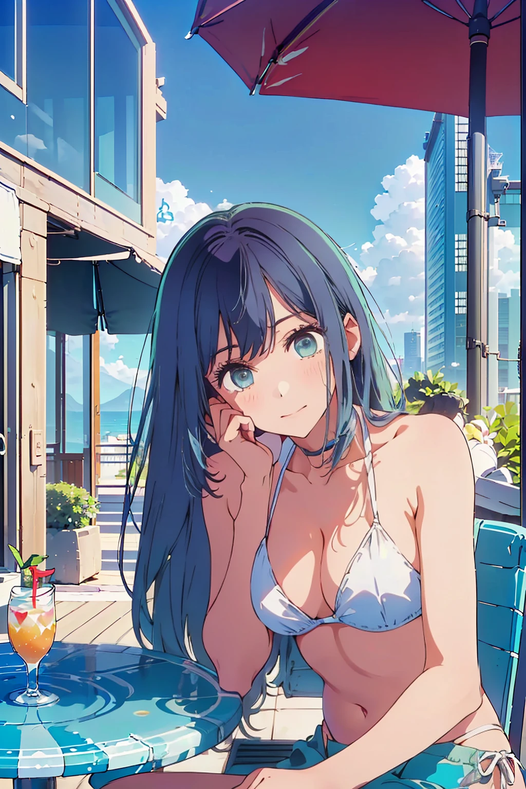 Highest quality,8k,detailed,F cup bust、Big Breasts、Slim and beautiful arms、Slim body、Very white beautiful skin、((((1 person、smile、Swimwear、She is wearing a white side-string high-leg bikini、smile、sit、Leaning back in a chair、In the background are the urban buildings of Tokyo、Outdoor café terrace、Drink juice、coastal、table、looking at the camera、Shooting from a distance、Navy hair color、Cheek resting on hand、Very cute face))))、Sexy pose、Very blue sky、A completely cloudless sky、She tilted her head slightly、The atmosphere is bright and lively、The woman is at the center of the image。