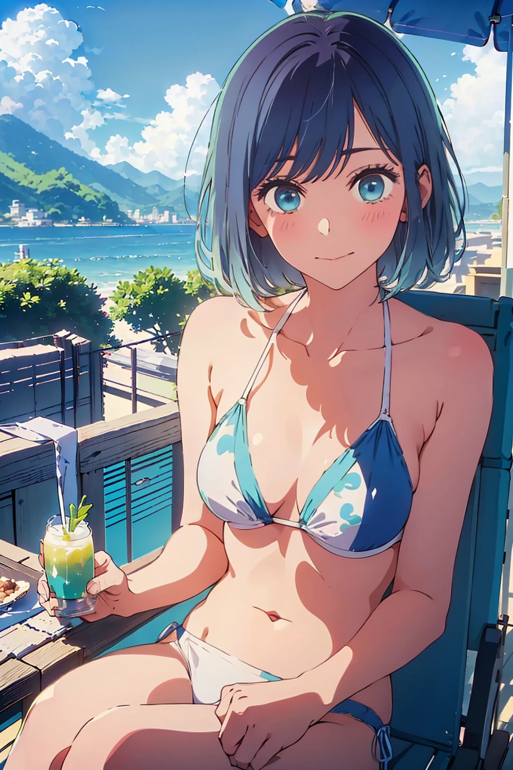 Highest quality,8k,detailed,F cup bust、Big Breasts、Slim and beautiful arms、Slim body、Very white beautiful skin、((((1 person、smile、Swimwear、She is wearing a white side-string high-leg bikini、smile、sit、Leaning back in a chair、In the background are the urban buildings of Tokyo、Outdoor café terrace、Drink juice、coastal、table、looking at the camera、Shooting from a distance、Navy hair color、Cheek resting on hand、Very cute face))))、Sexy pose、Very blue sky、A completely cloudless sky、She tilted her head slightly、The atmosphere is bright and lively、The woman is at the center of the image。