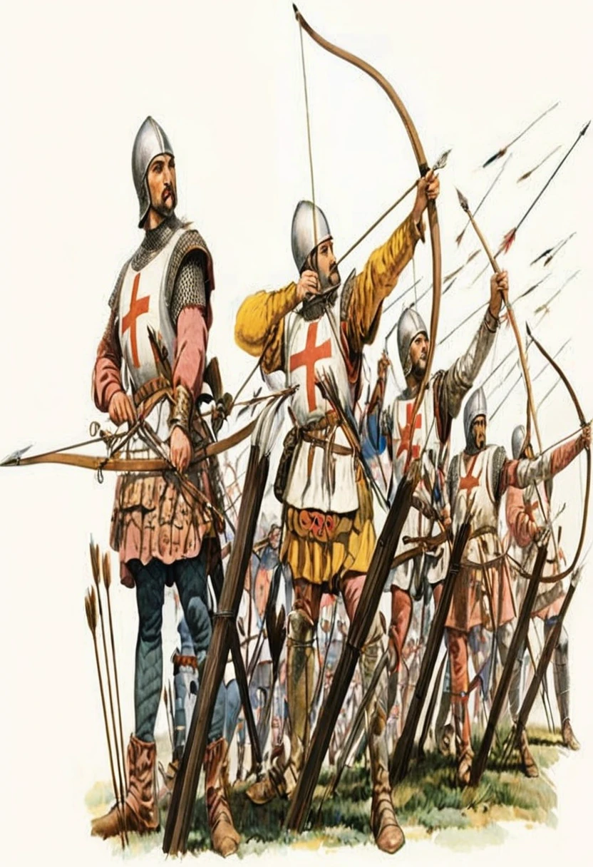a painting of a group of men in armor with arrows, archers, battle of 1453, very detailed medieval, 1 5 th century spanish soldier, by Emiliano Di Cavalcanti, longbow, medieval period, early middle ages, medieval battle, knights in battle, historical artistic depiction, by Bernard Fleetwood-Walker, early medieval, by Thomas Tudor, UHD, retina, masterpiece, anatomically correct, textured skin, super detail, 8k