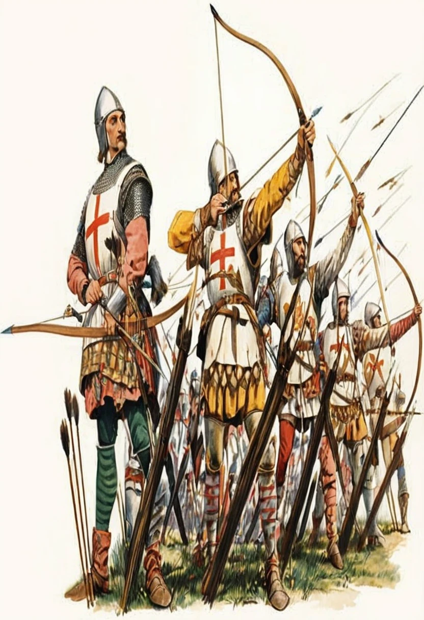 a painting of a group of men in armor with arrows, archers, battle of 1453, very detailed medieval, 1 5 th century spanish soldier, by Emiliano Di Cavalcanti, longbow, medieval period, early middle ages, medieval battle, knights in battle, historical artistic depiction, by Bernard Fleetwood-Walker, early medieval, by Thomas Tudor, UHD, retina, masterpiece, anatomically correct, textured skin, super detail, 8k