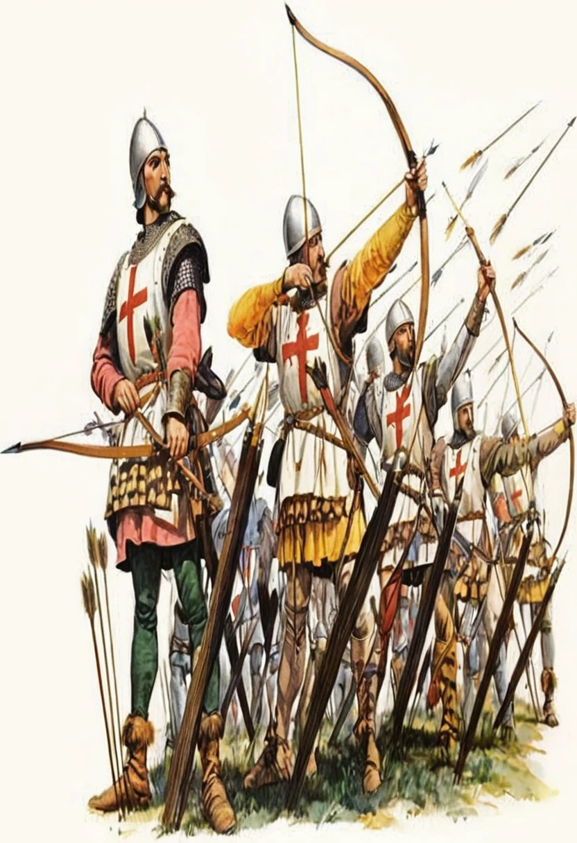 a painting of a group of men in armor with arrows, archers, battle of 1453, very detailed medieval, 1 5 th century spanish soldier, by Emiliano Di Cavalcanti, longbow, medieval period, early middle ages, medieval battle, knights in battle, historical artistic depiction, by Bernard Fleetwood-Walker, early medieval, by Thomas Tudor, UHD, retina, masterpiece, anatomically correct, textured skin, super detail, 8k