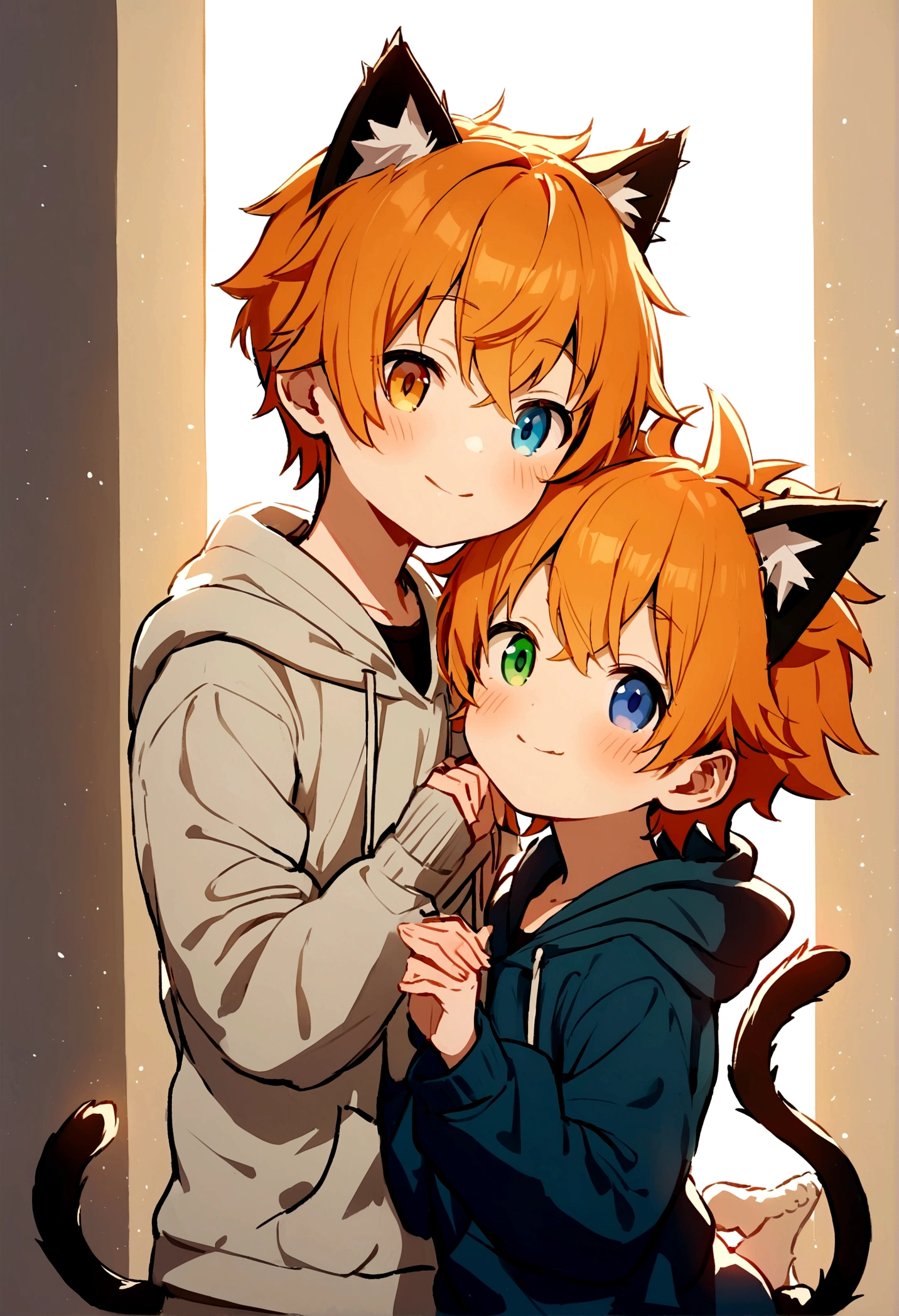 cute young boy, orange hair, short spiky hair, heterochromia left blue eyes, right green eyes, cat tail, cat ear, blue chooker, cute hoodie, cute pose, blushing, smile