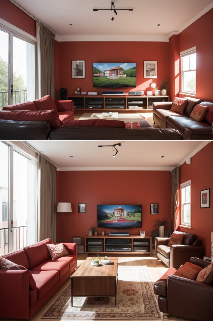 A living room with a red wall, a large TV and a sofa