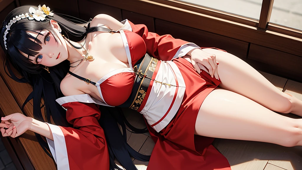 Bloody。Look away。With a camera angle looking down from above。A beautiful woman relaxing in a reclining chair with her legs stretched out、Look away巨乳で狐耳の一人の美女。A shiny kimono with a corset, off-the-shoulder sleeves and a skirt。hair ornaments、Earrings、necklace。UHD, anatomically correct, masterpiece, accurate, super detail, high details, high quality, best quality, highres, 16k