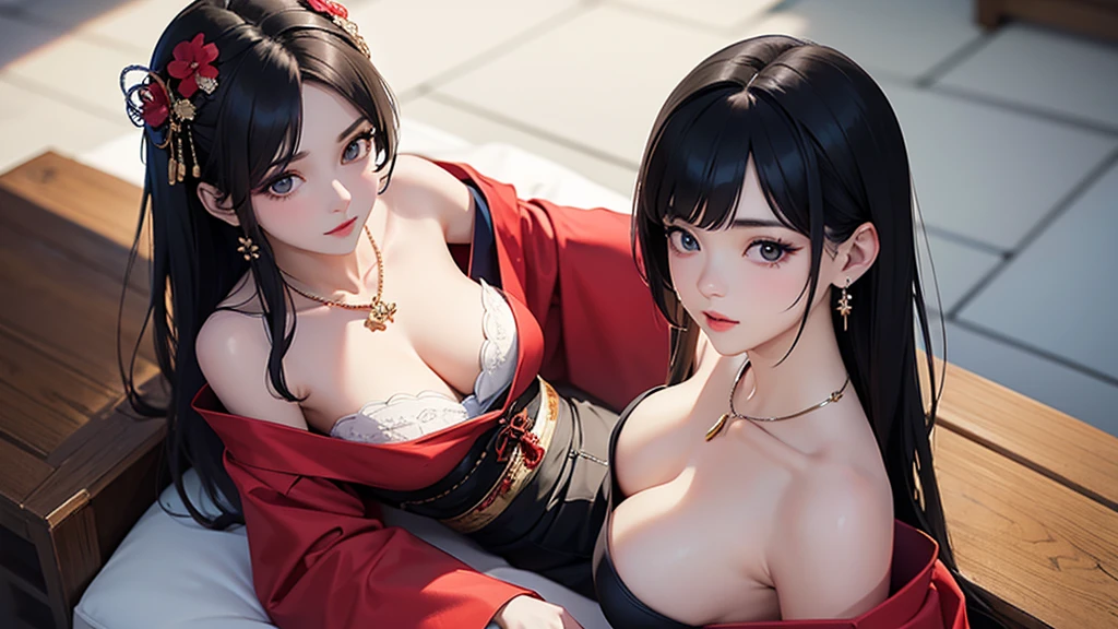 Bloody。Look away。With a camera angle looking down from above。A beautiful woman relaxing in a reclining chair with her legs stretched out、Look away巨乳で狐耳の一人の美女。A shiny kimono with a corset, off-the-shoulder sleeves and a skirt。hair ornaments、Earrings、necklace。UHD, anatomically correct, masterpiece, accurate, super detail, high details, high quality, best quality, highres, 16k