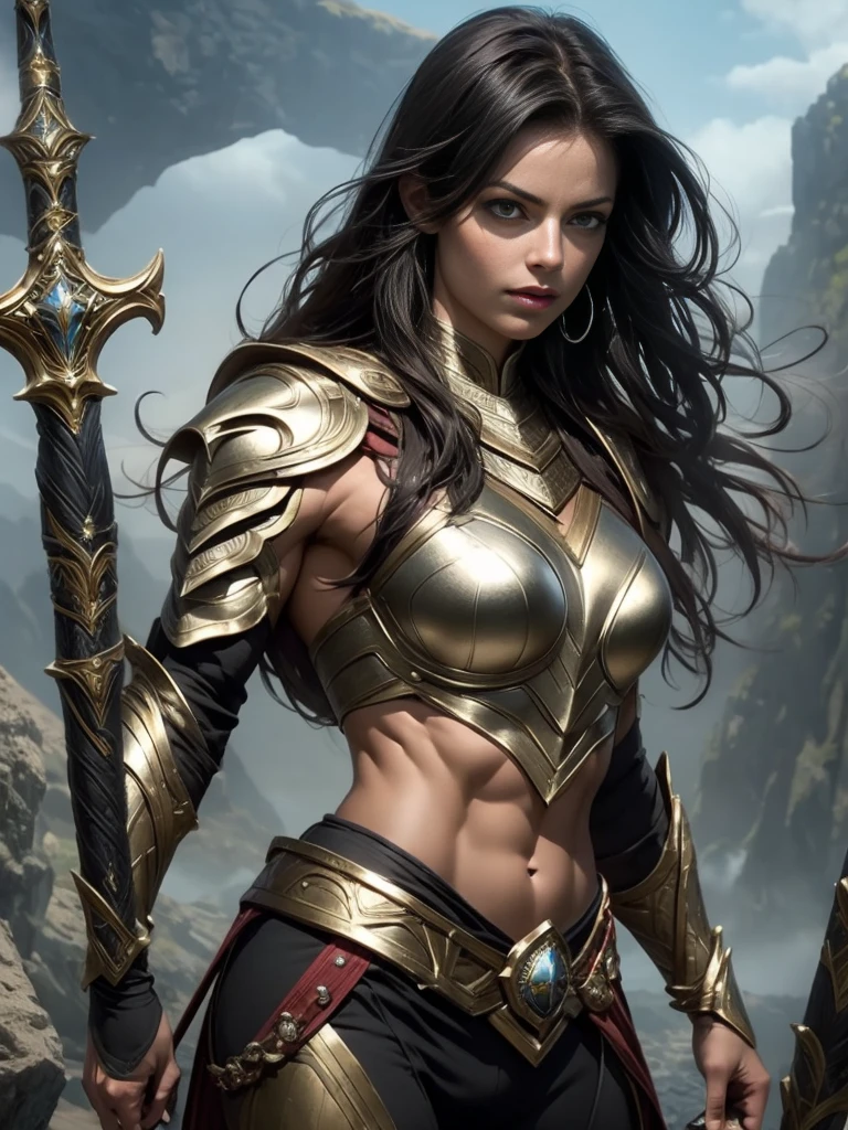 Erica Durance as a Asgard,valkyrie,Upper Body shot,green eyes,long flowing black hair, fitness muscular woman, Senhora Cavaleiro,elaborate decorative silver battle armor,Anatomia correta,holding a magical big sword, epic fantasy digital art, masterpiece,8k,high-definition resolution,desenho detalhado,Qualidade Superior,, Epic composition, muscular body