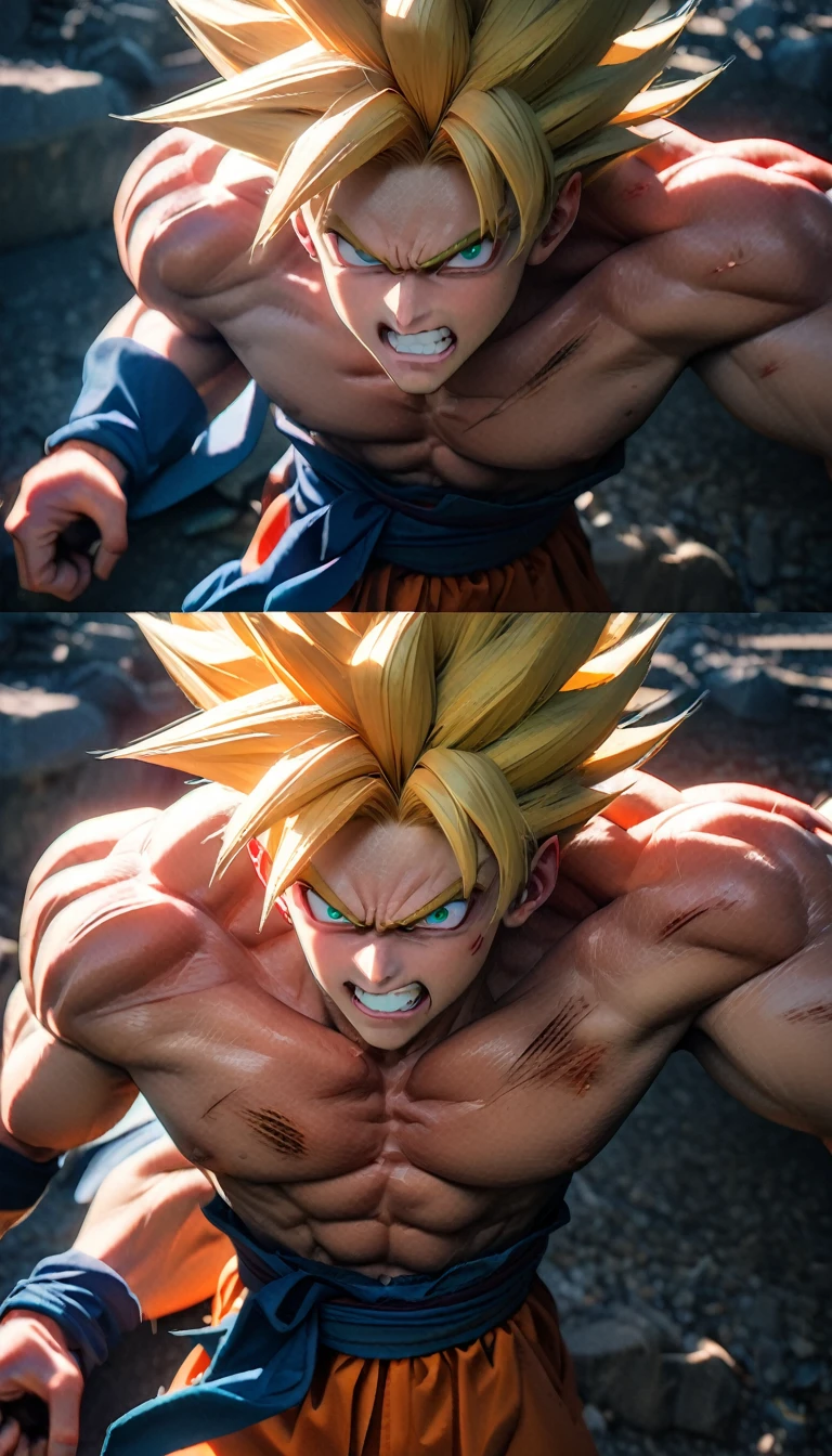 Full body image "(Highest quality, 8k, ultra-detailed,), Portraiture,,Muscular, Calm, Fearless smile, detailed, Blonde, strict, Intimidating, Powerful, Show off his strength", Brainwashed and possessed by Majin Buu,Controlled by an evil heart,Demon body and wings,(((Huge penis))),Very large muscles,Full body images,The lower half of the body is hairy like an animal.,nsfw,Drooling from a wide open mouth,sex,2boy～4boy,Blood vessels throughout the body,Cloud Strife and Son Goku two-shot,2 people