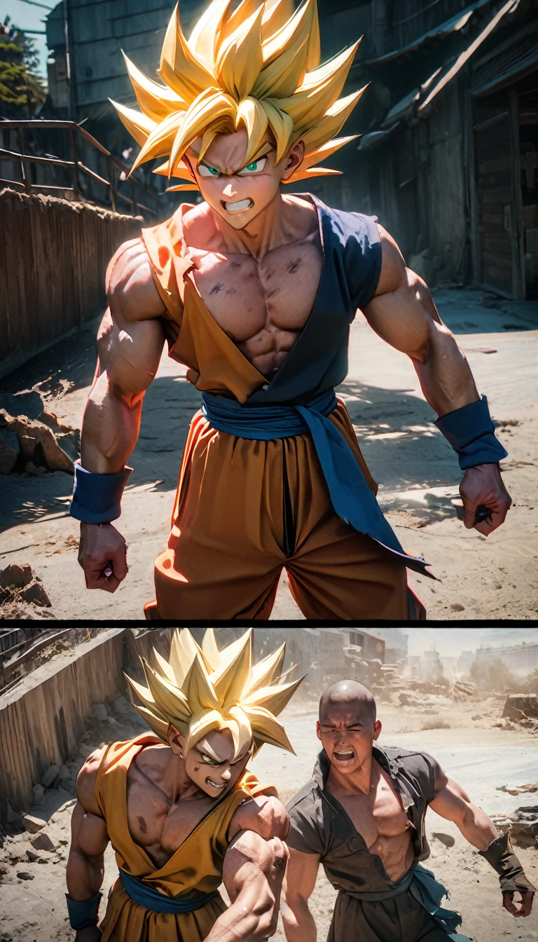 (((8K, RAW photos, best quality, masterpiece: 1.4))), (((((Fighting Boy))))),Ultra-high resolution, Extremely detailed, Son Goku, 1 Boy, Angry, Battle damage, Blonde Hair, blue sash, clenched teeth, anger, Green Eyes, Male focus, Muscular, Muscular male, Chest muscles, sash, Solo, spiked hair, Super Saiyan, Super Saiyan 1, teeth, Torn clothes, cuff,(Super Saiyan and Cell,Cell,The Battle of Sirul), (perfect anatomy:1.2), High-quality shadows, Natural Lighting,