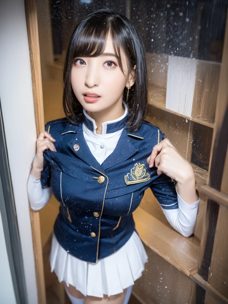 (Highest quality,4K,masterpiece:1.2),Beautiful woman,1 Girl,sexy:1.1,Dark yellow hair:1.1,Woman inside ,Soaked uniform,Highly detailed face,Lip details,Beautiful Eyes,double eyelid,Miniskirt White Stockings,stand up